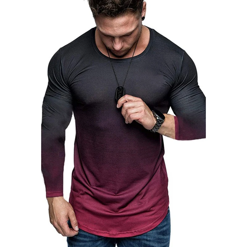 

High Quality Running T Shirts Men's Summer Slim Fit Sports Gradient Color Large Size Full Sleeve Top T Shirt Men