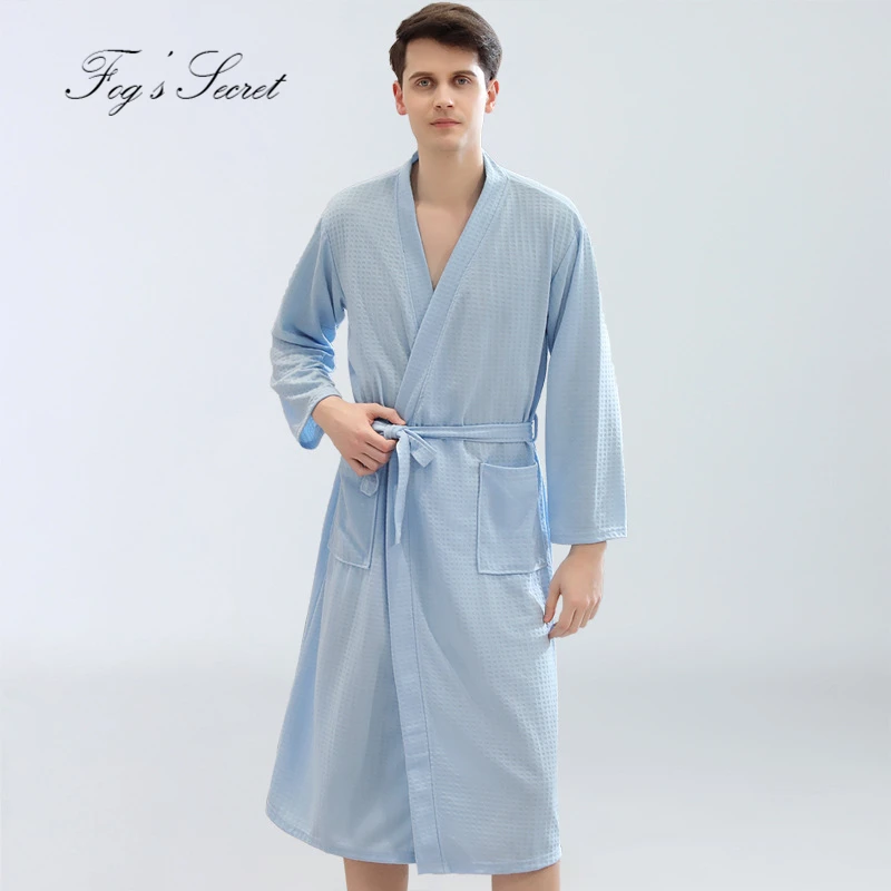 Небесно-голубой Мужской халат, Осень-зима, вафельный тонкий, yukata, Абсорбирующая, быстросохнущая Пижама, домашняя одежда, ночная рубашка, roupao feminino - Цвет: Небесно-голубой