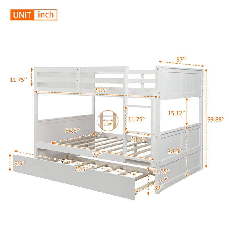 

Full Over Full Bunk Bed with Twin Size Trundle with Ladder Bed Frame Gray Newest