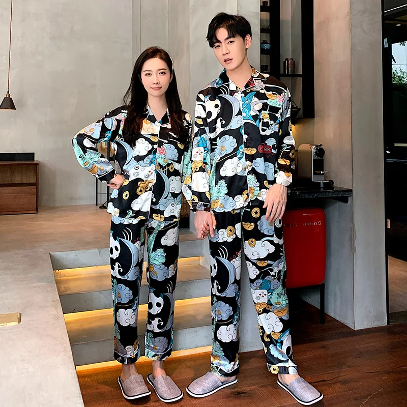 Новая пара ночное белье шелк сатин пижамный комплект с длинным рукавом и