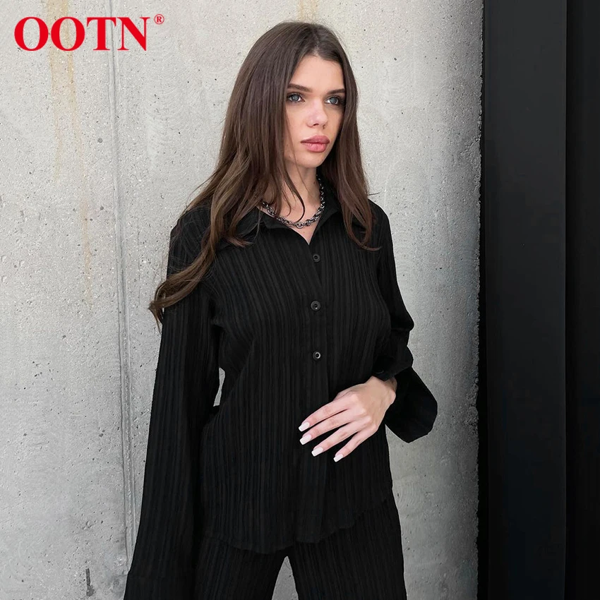 

OOTN Casual Turn-Down Collar Single Breasted Lady Office Suit Loose Long Sleeve High Waist Pant Set Woman 2 Pieces Spring New