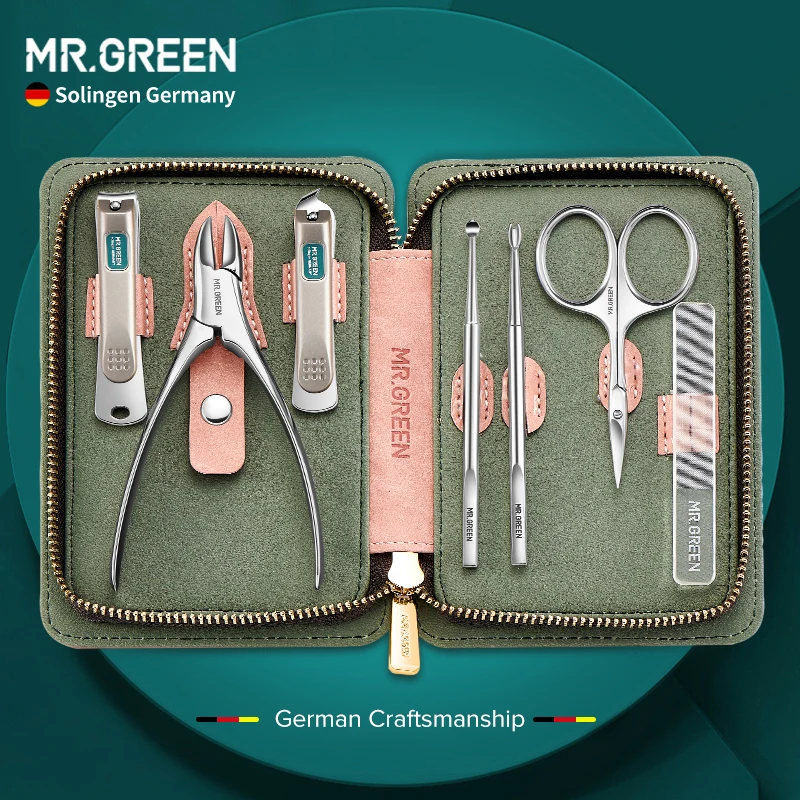 

MR.GREEN 7Pcs Nail Set Scissors Manicure Set Pedicure kit Stainless Steel Nail Clippers Tool Travel Grooming Case Gift for Lady