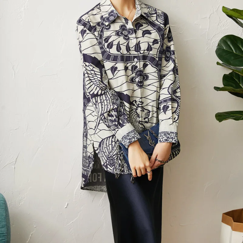 New Retro printed shirts in long cotton long sleeve blouse female in the spring of 2020   long shirts