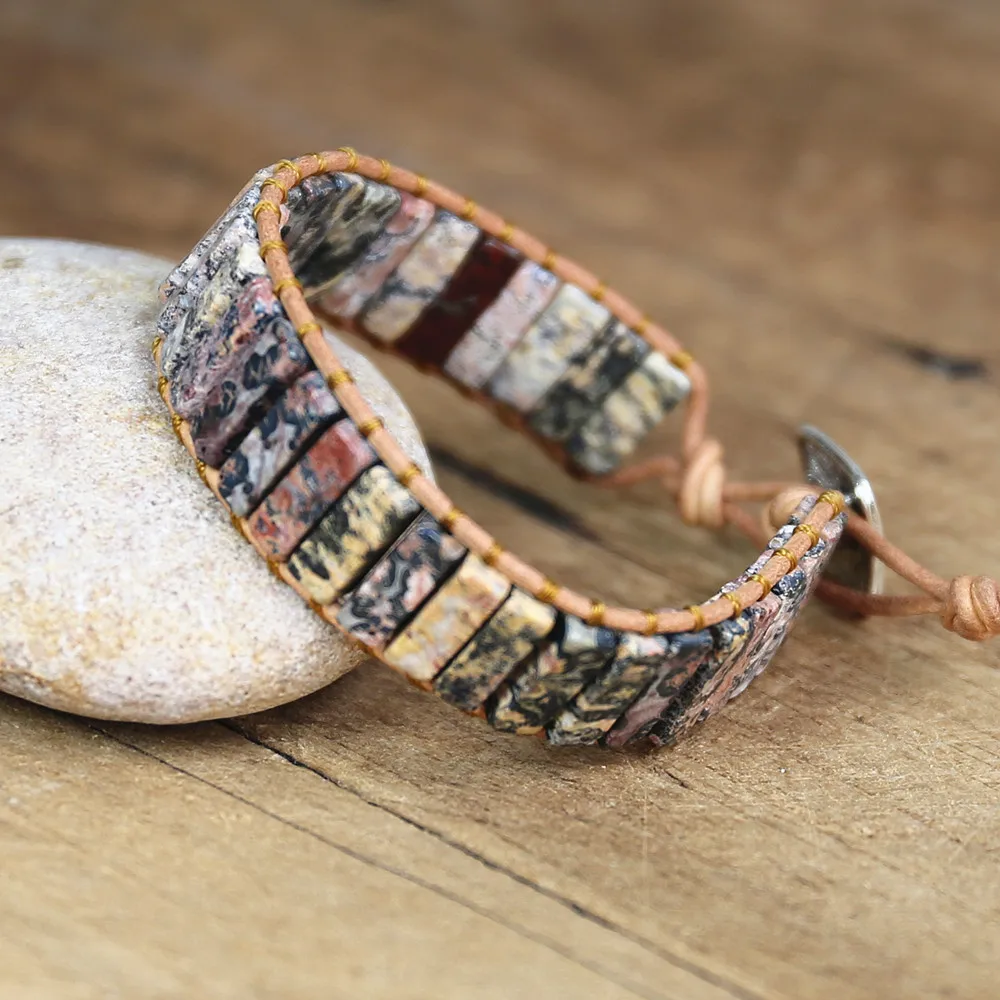 Кожаный плетеный браслет ручной работы в богемном стиле с леопардовым рисунком |