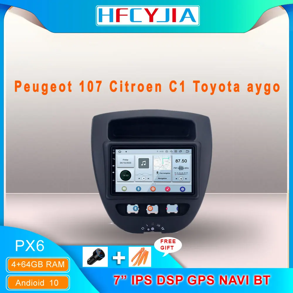 Автомобильный мультимедийный плеер 4 + 64 Гб ОЗУ Android 10 для Toyota Aygo Citroen C1 Peugeot 107 Wi Fi BT
