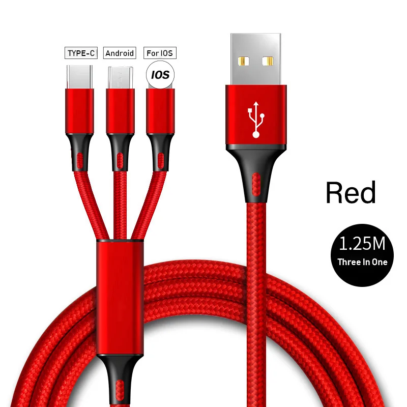 Red 3 в 1 USB кабель для iPhone XS Max X 7 2.4A Быстрая зарядка зарядное устройство type-C Micro USB кабель для samsung S10 мобильный телефон USB C шнур - Тип штекера: Red