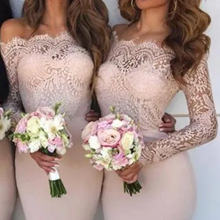 2019 New Arrival Bridesmaid Dresses Appliques Long Sleeves Off The Shoulder Boat Neck Mermaid Bridal Guest Gowns vestido fiesta | Свадьбы и