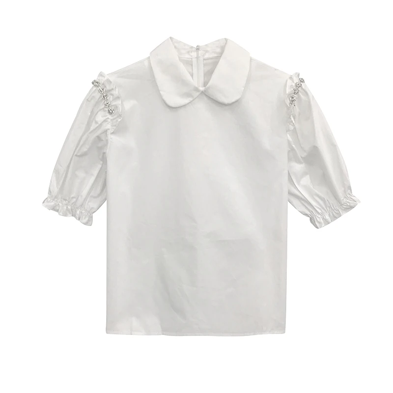 

2021 summer design small crowd doll collar top Nail Drill ear edge bubble short sleeve white shirt girl