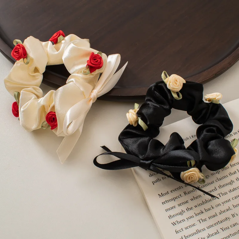 

Vintage Romantic Rose Flower French Hair Accessories Satin Hair Tie Stretch Hair Scrunchies Headdress