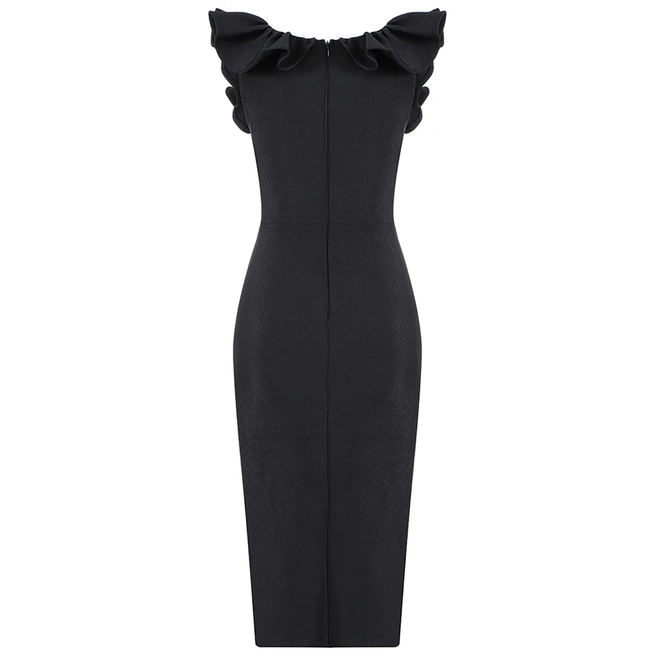 Modphy 2020 Spring New Women'S Bandage Dress Sexy V-Neck Ruffled Sleeveless Hollow Bodycon Club Party Knee-Length Black | Женская