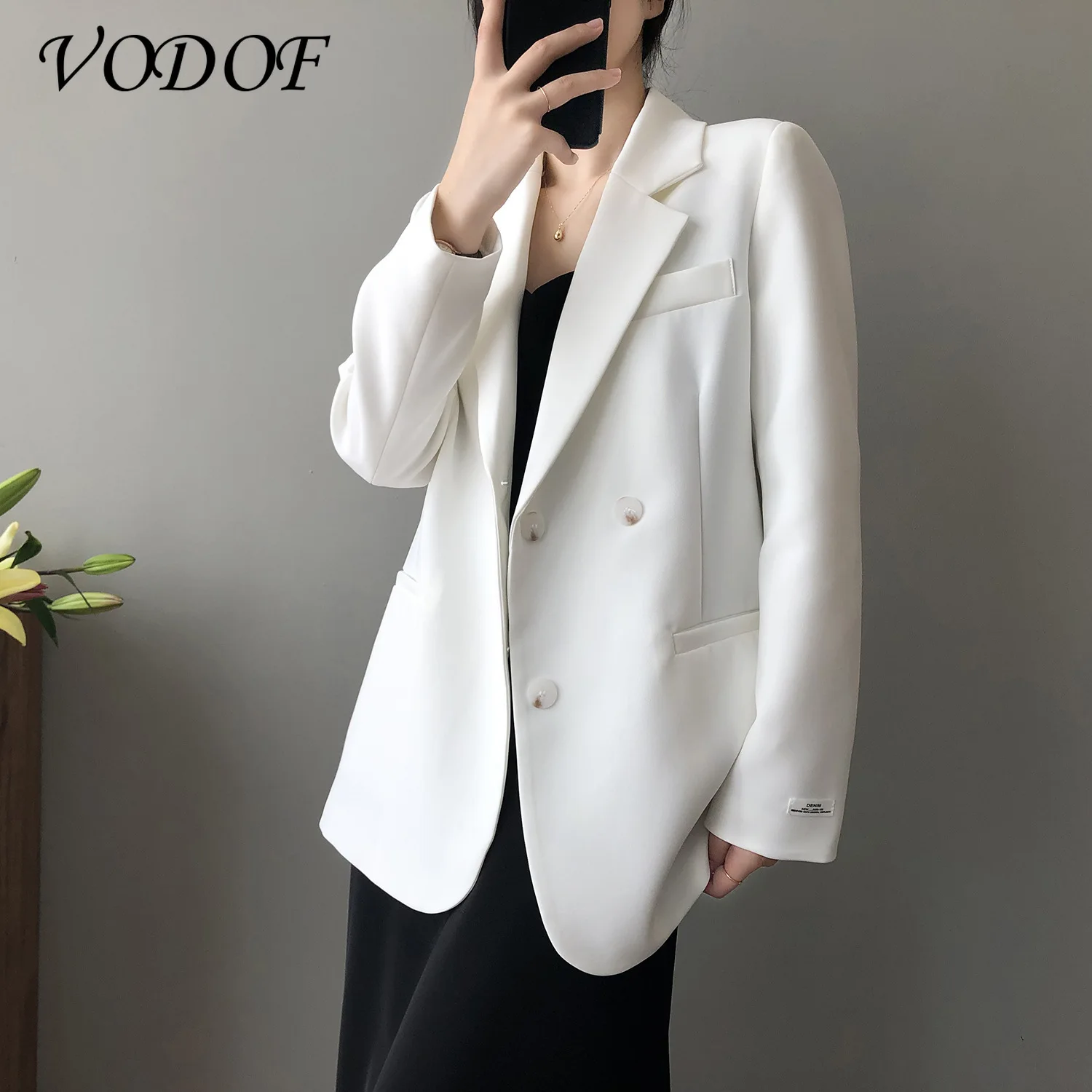 VODOF Oversized black blazer women's 2022 spring and autumn long-sleeved draped solid color ladies loose silhouette blazer