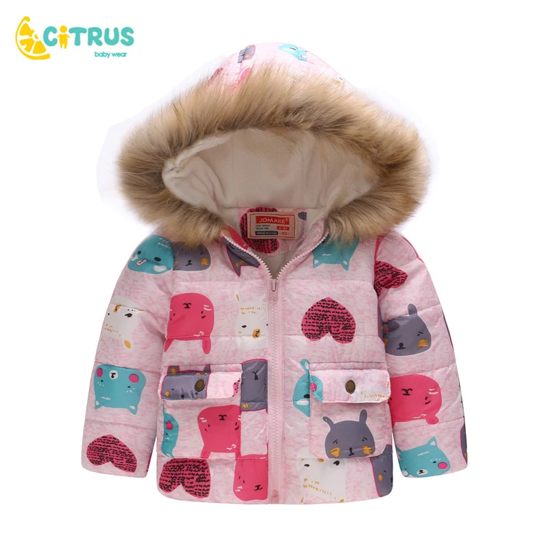 

Новинка, детская зимняя теплая пуховая куртка цитрусового цвета, одежда для маленьких девочек, детское пальто с капюшоном и принтом, зимняя ...