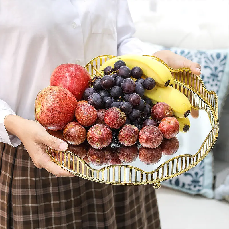 

Nordic Light Luxury Metal Round Tray Living Room Home Mirror Glass Tea Tray American Tea Cup Tea Table Storage Decoration