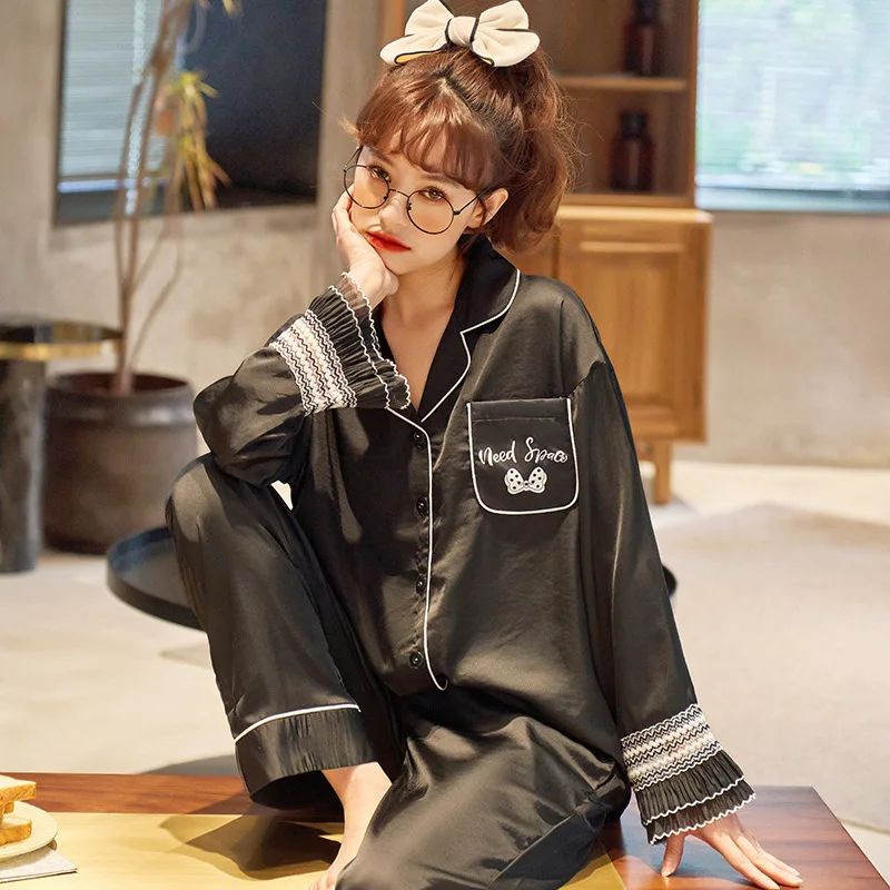 

Spring and Autumn New Pleated Long Sleeve Lapel Silk Pajamas Are Comfortable, Soft, Buttoned and Fresh Girl Home Suit Sleepwear
