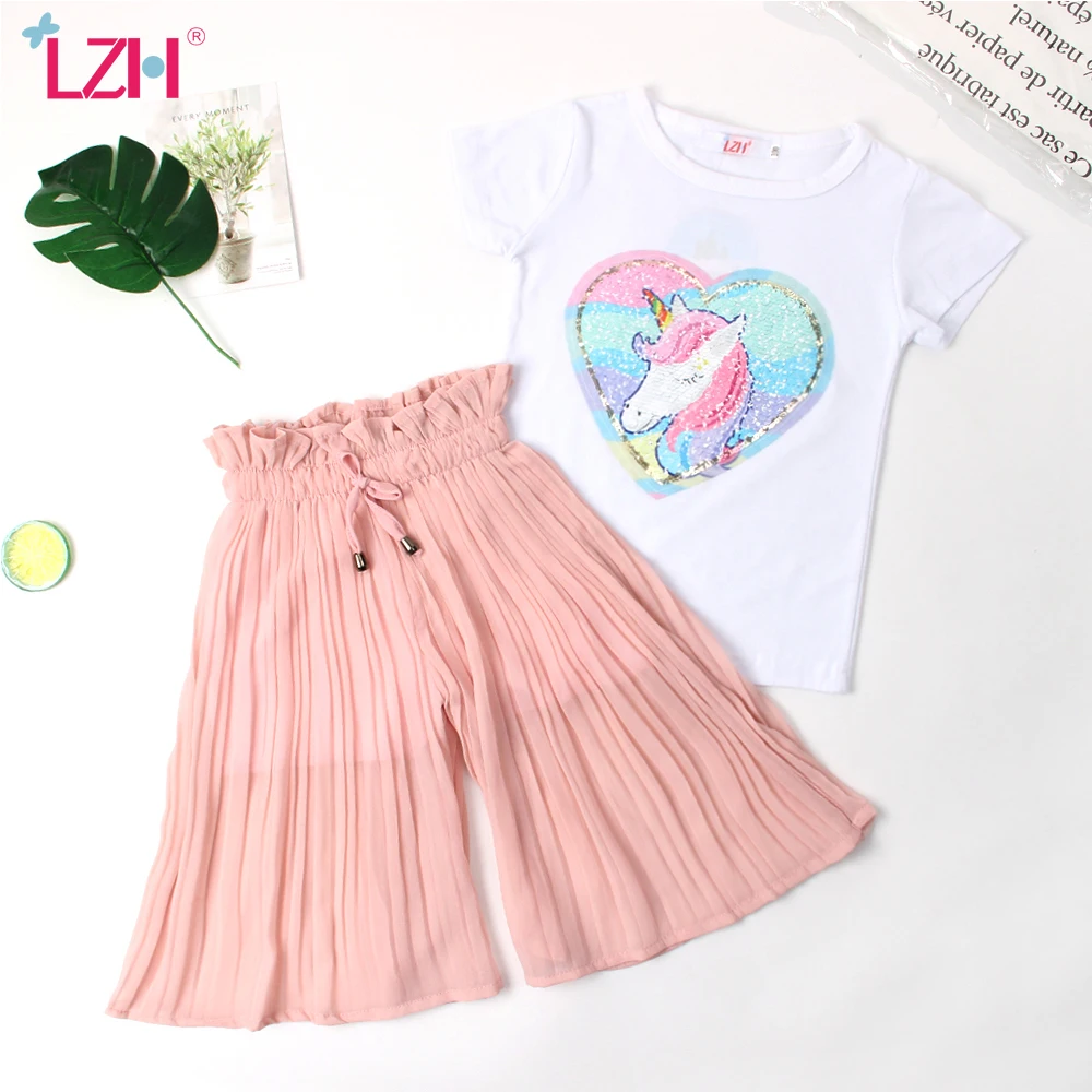 

LZH Children Clothing 2021 Summer Girls Clothes Sequins Chiffon Pant 2pcs Outfit Suit Kids Tracksuit For Girls Clothing Sets