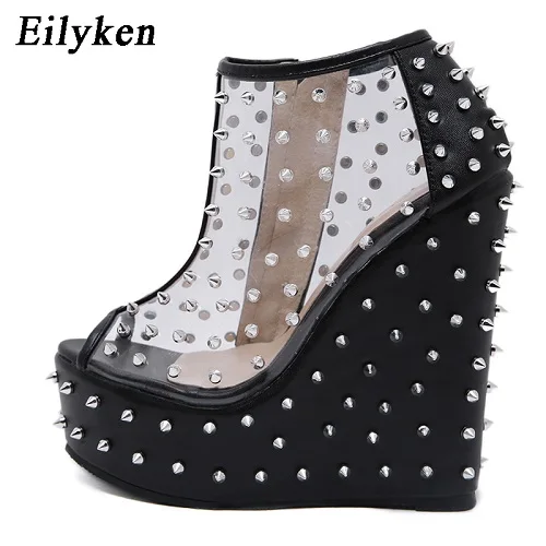 Black Eilyken/Модные женские босоножки; обувь на платформе; женские босоножки на танкетке с молнией и заклепками из прозрачного ПВХ; черные туфли с открытым носком на высоком каблуке - Цвет: Black