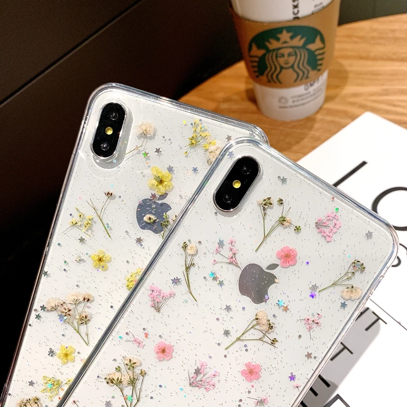 Прозрачный мягкий чехол из ТПУ с настоящими цветами для телефона iPhone 12 11 Pro Max X XS XR