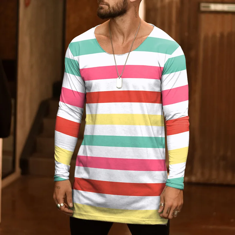 

Men Clothing 2021 Fall New Products Europe America Long Sleeve T-shirt Rainbow Stripe Printed Men's Top