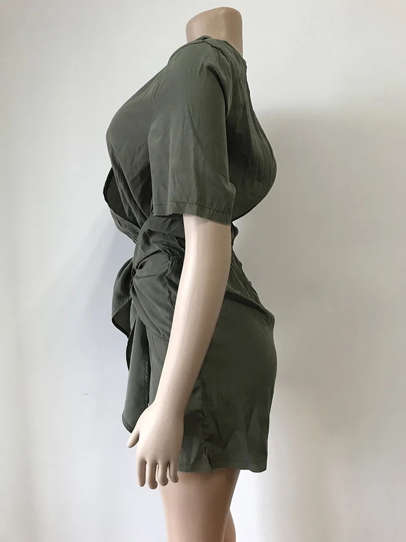Women's Army Green Tie Bow Tie Elastic Belt Zipper Cotton And Linen Series Casual Jumpsuit