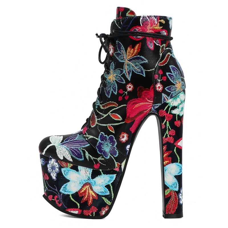 Ботильоны женские с цветочным принтом высокий каблук 17 см на шнуровке пикантная