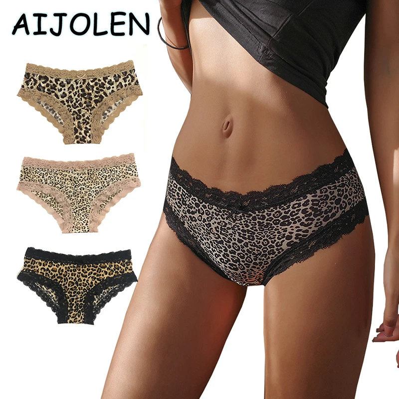 

AIJOLEN Leopard Print Sexy Panties Briefs Lace Edge Ice Silk Underwear Pink Cute Breathable Soft Underpants Women's Panties