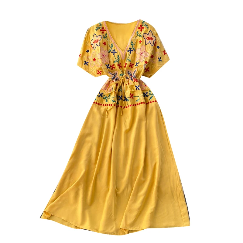 

National Style Printed Vestidos Women's V-neck Short-sleeved Lace-up Waist Was Thin Literary Temperament Midi Dress