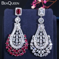 beaqueen stunning rose red cubic zirconia paved big dangle drop long wedding earrings statement jewelry for women banquet e392