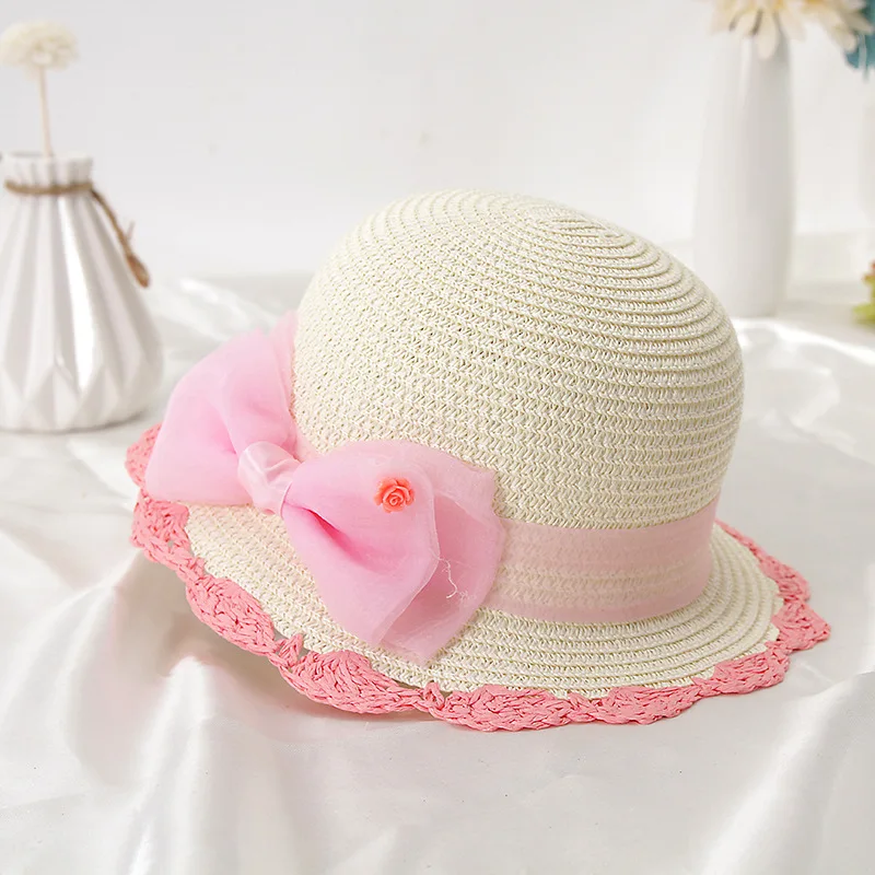 

2020 New Lace Bow Summer Hat kids Lace Flower Straw Hat For Girls Outdoor Sun Hats For Child Beach panama caps gorros