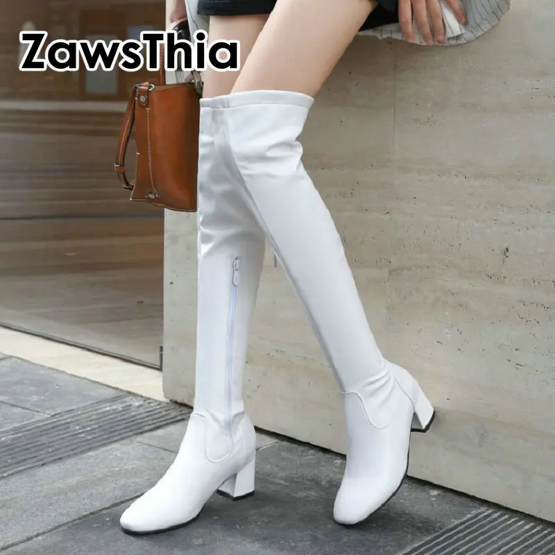 

Soft Stretch PU Leather White Black Women Boots Comfy Square High Heel Over-the-knee Thigh High Boots Ladies Overknee Booties