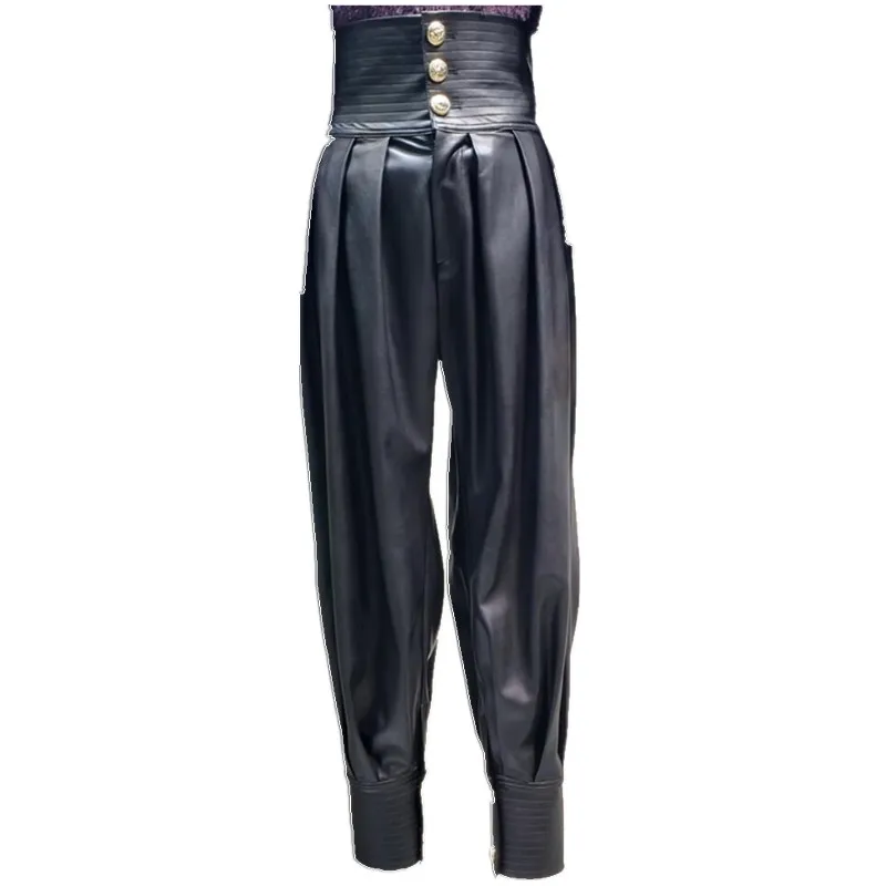 Женские шаровары из искусственной кожи с пуговицами свободные брюки высокой