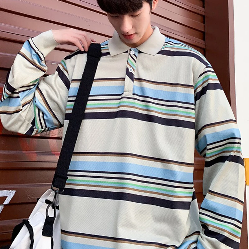 

Мужская полосатая рубашка-поло ZAZOMDE, Японская уличная одежда большого размера, толстовка с длинным рукавом