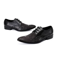 luxury mens leather shoes black crocodile printed lace up pointed office wedding