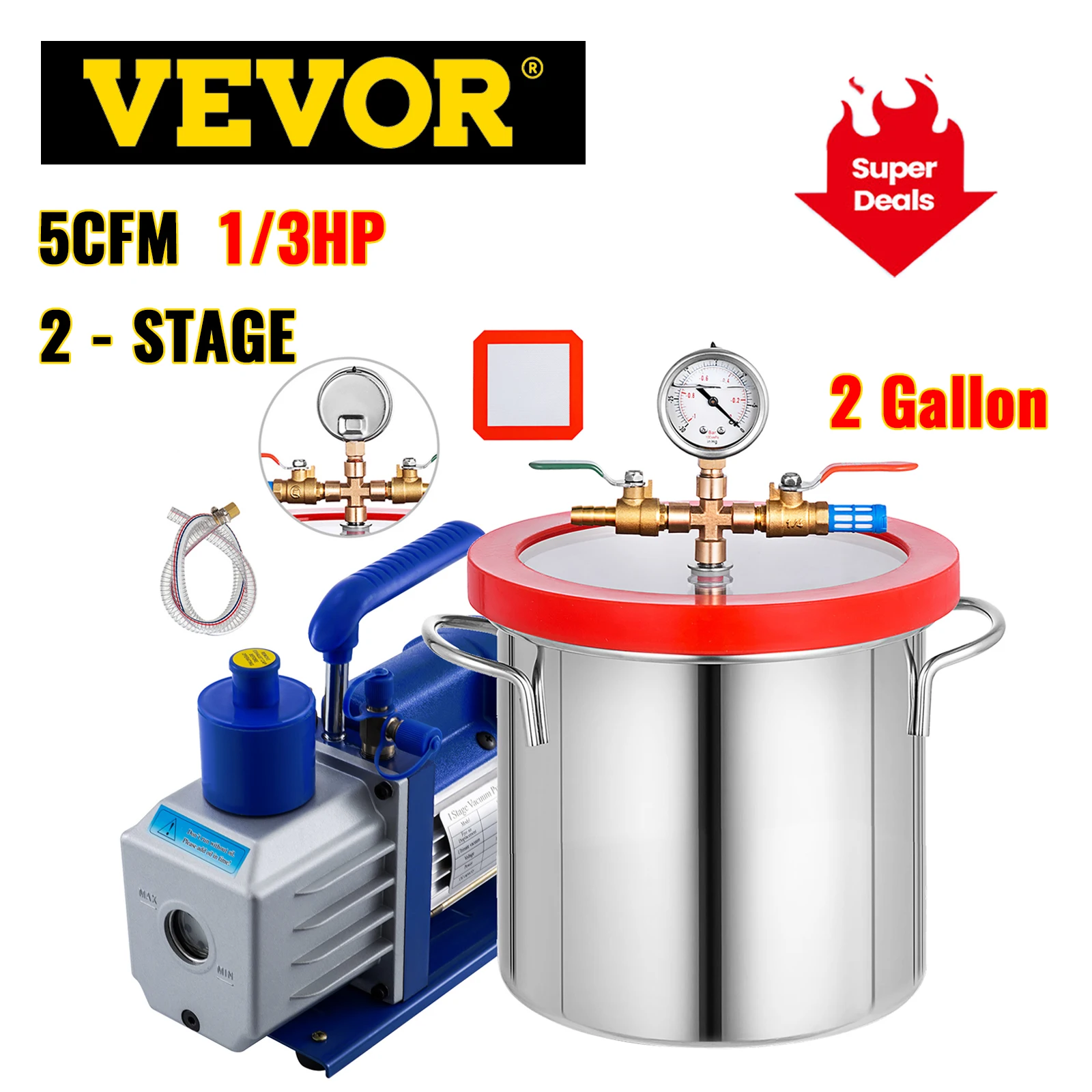 

VEVOR 5CFM 1/3HP 1 Stage Vacuum Pump Refrigeration With 2 Gallon Vacuum Chamber Kit for Household Air Conditioning Refrigerant