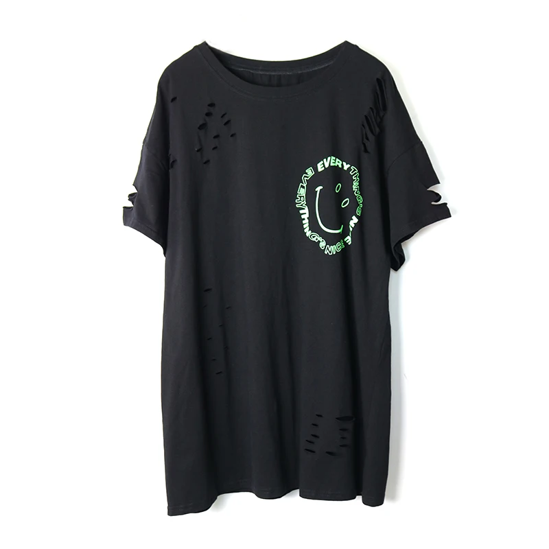 Женская модная новая футболка с принтом уличная дырками Свободные повседневные