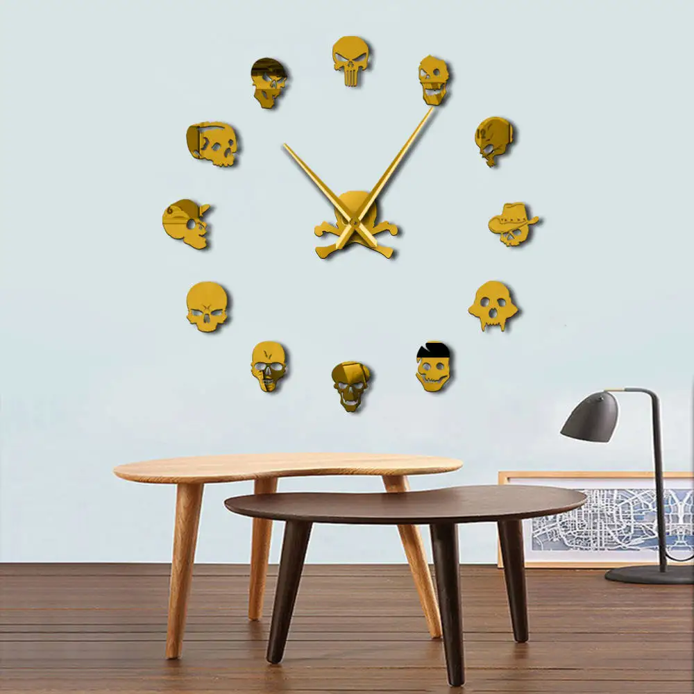 

High-Quality Skull Heads DIY Horror Wall Art Giant Wall Clock Big Needle Frameless Zombie Heads Large Wall Watch Halloween Decor