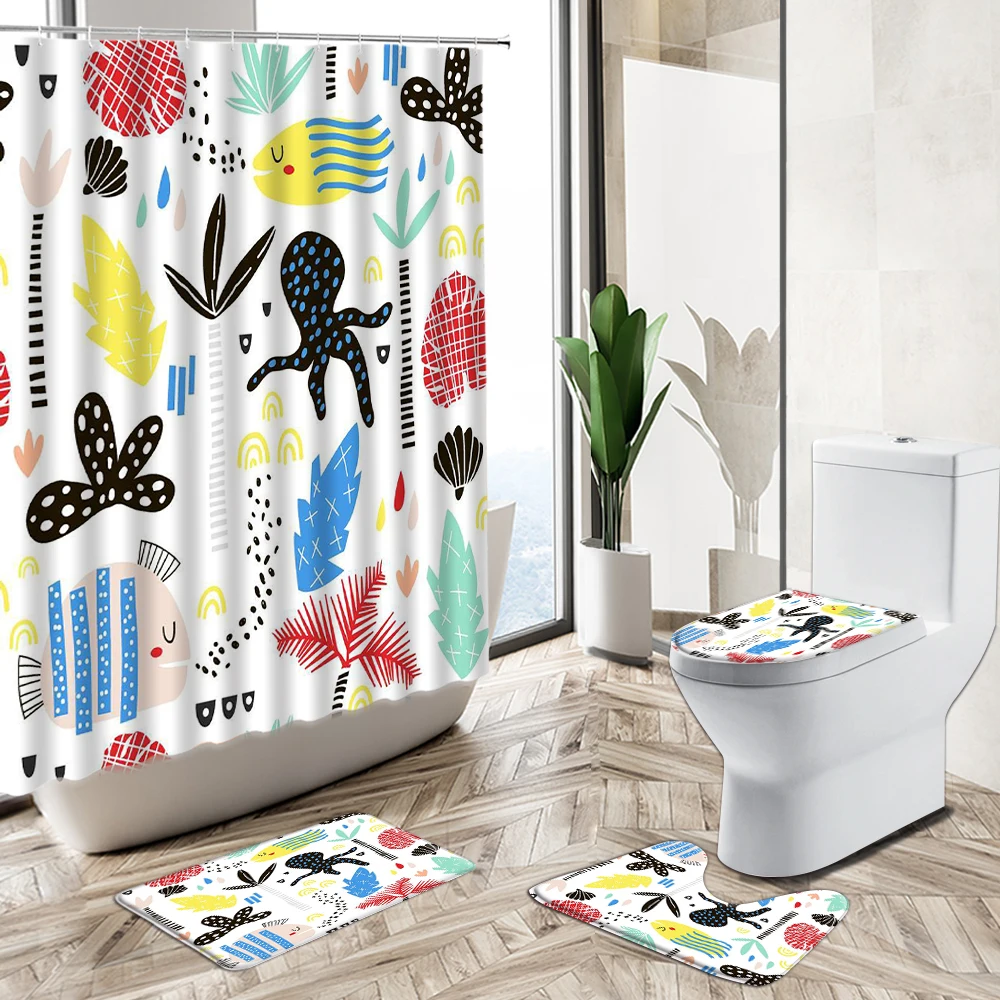 

Cartoon Octopus Tropical Fish Turtle Shower Curtain Marine Animal Starfish Non-Slip Pedestal Rug Toilet Cover Child Bathroom Set