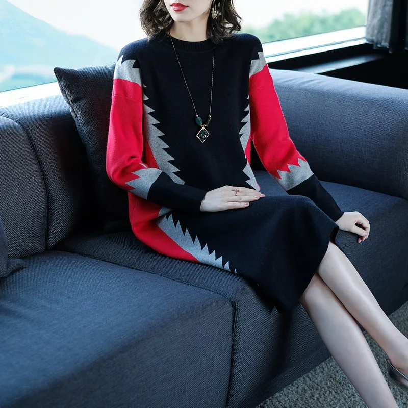 Knitted Long Sweater Dress Female 2021 Autumn Winter New Contrast Color Loose Large Size Women Pullover Sweaters Dresses L4114 | Женская