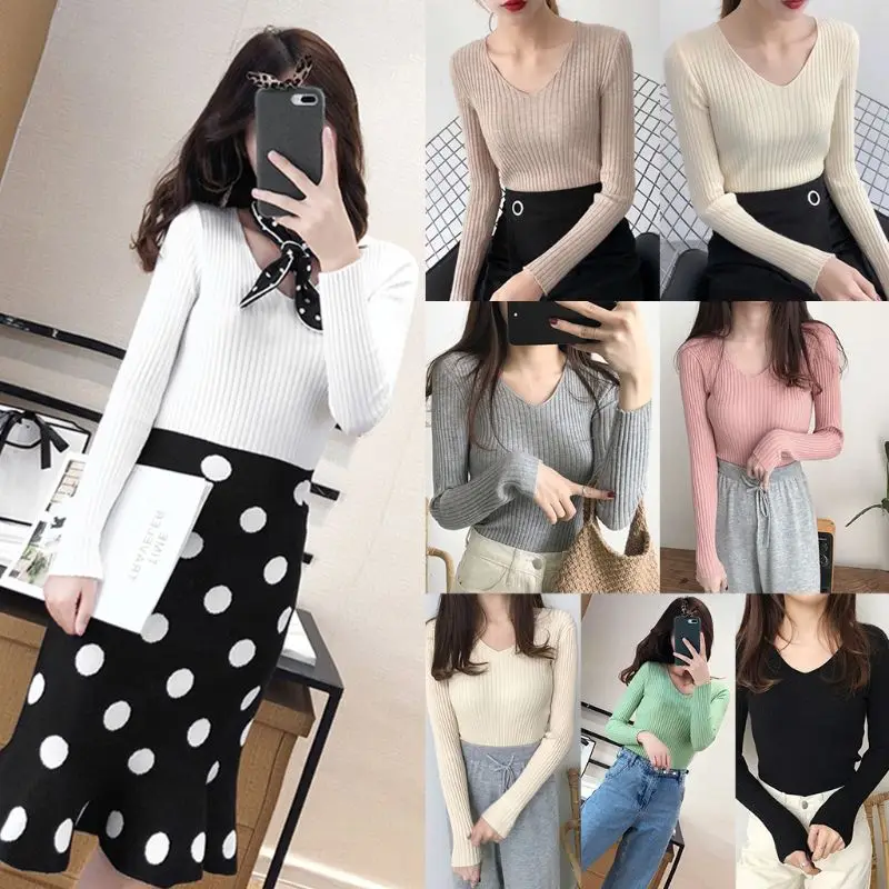 Women Basic V-Neck Sweater Solid Color Ribbed Knit Striped Pullover Jumper Tops | Женская одежда