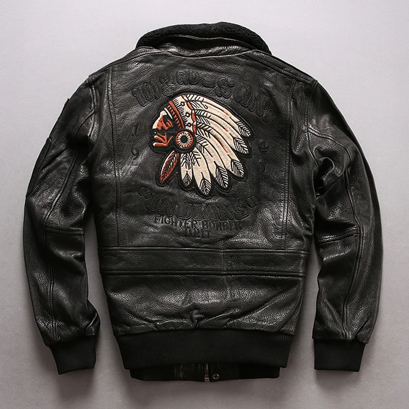 2022 flight jacket men's fur collar real leather with chief embroidery stylish winter bomber lether coat men | Мужская одежда