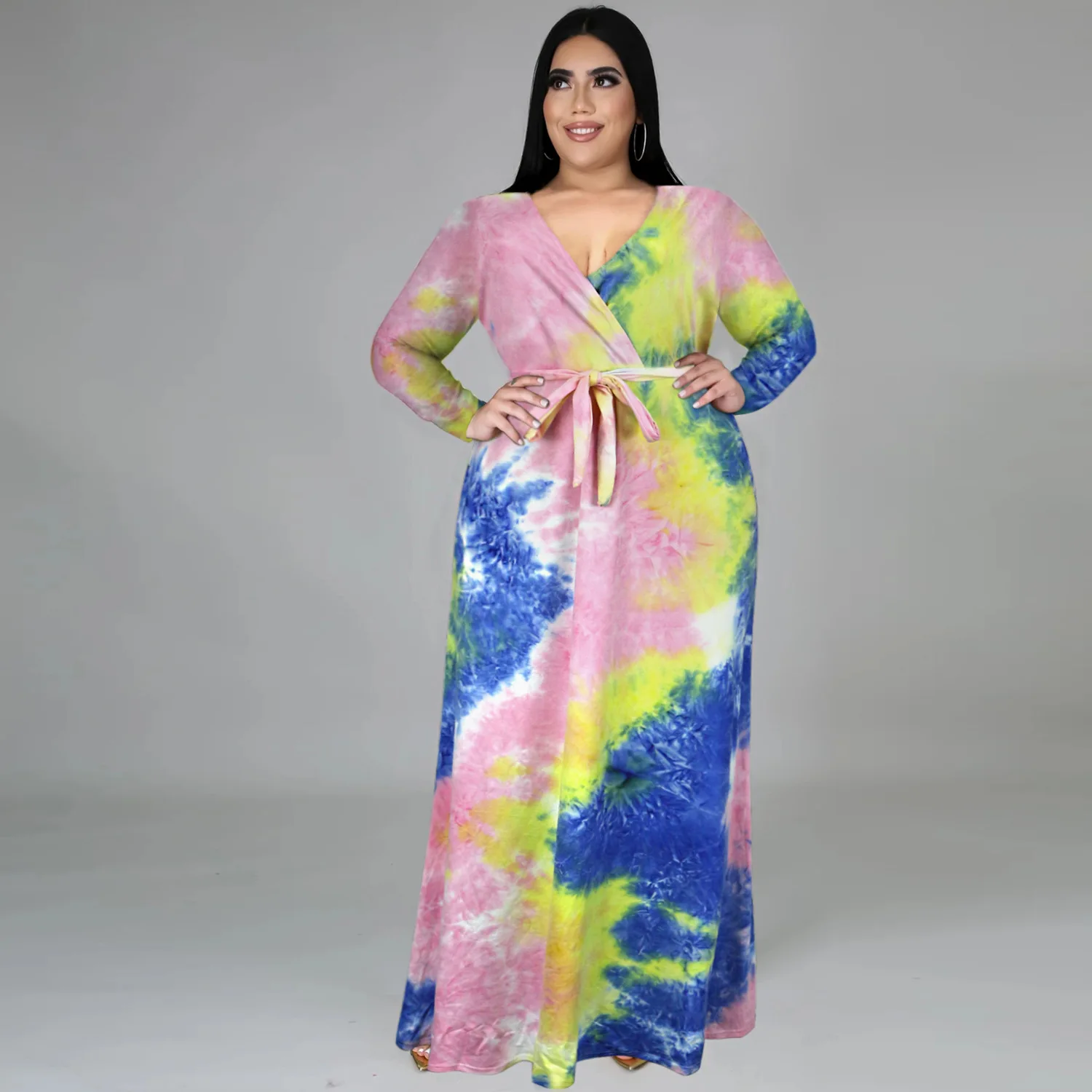 HAOOHU Women Clothing Plus Size Dresses 2021 New Autumn Large Elegant Casual Dress Tie Dye Slit Belt Long Sleeve Dress 5XL Urban