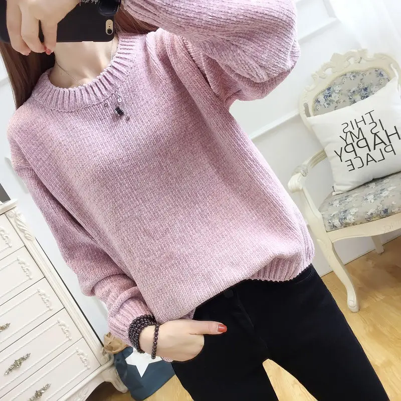 

Korea Women Sweaters Chenille O-neck Long Sleeve Elastic Knitted Ladies Pullovers Female Winter Short Sweaters Mujer Femme