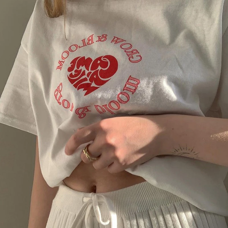 

Women's Stylish letter Print T-Shirt Short Sleeve Neck Slim Fit Wild Casual Oversized t-shirt fairy grunge Woman clothing y2k