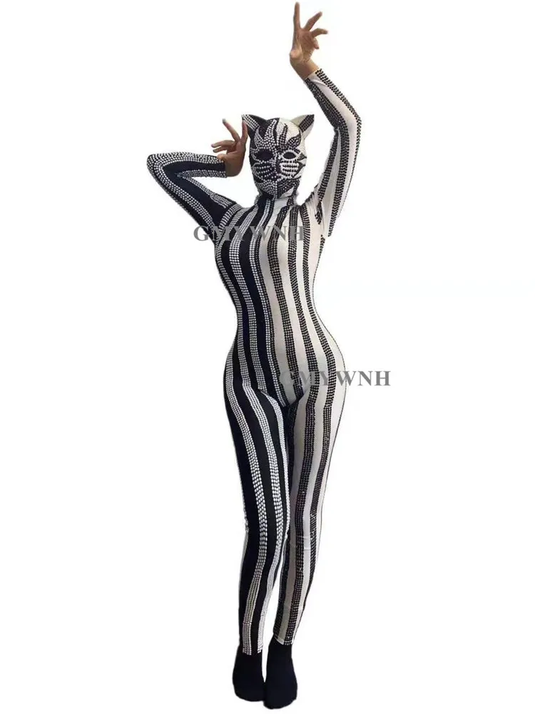 Q87 Клубный танец с палкой Сиамской высокой эластичности Демон-кошка Модель-шоу Костюм для тайтовой вечеринки Хэллоуин Сверление цепью Алмазный диджей.