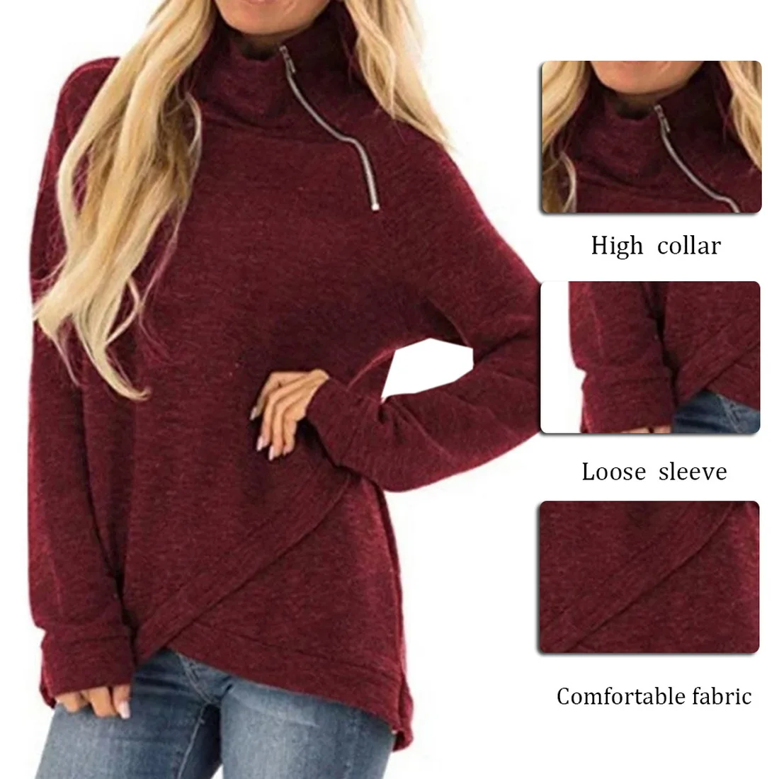 

Pullover Turtleneck Zipper Plus velvet Basic Hoodies For Women Leisure Female winter Solid Colour Casual SweatshirtHip Pop Tops