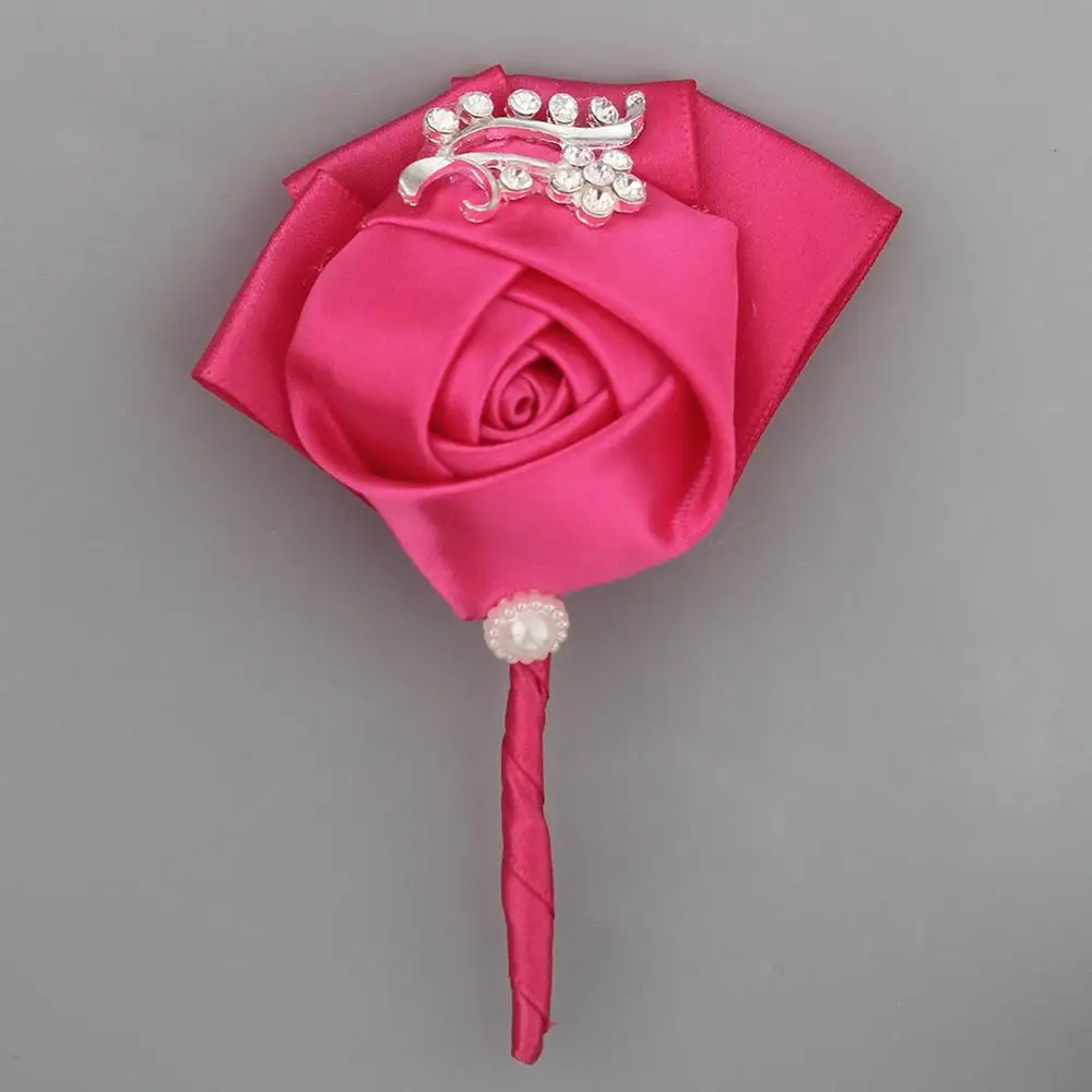 hot pink Свадебная бутоньерка для жениха винная Роза из красного атласа цветы корсаж de mariage Пром Брошь с кристаллами цветы de novia XH1300-2 - Цвет: hot pink