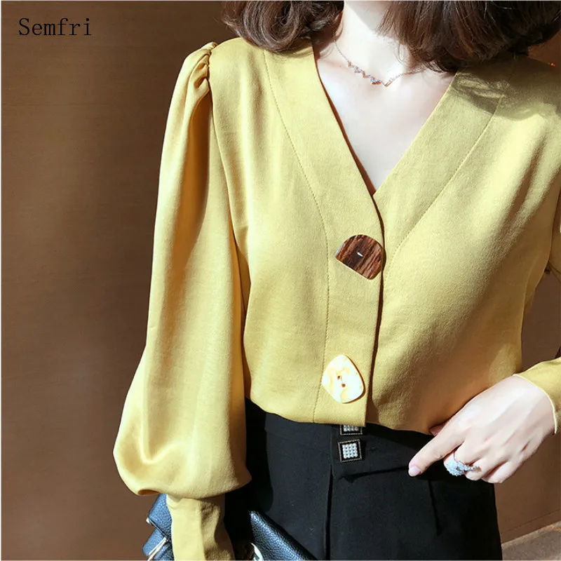 

Semfri 2020 Spring Summer Chiffon Shirt Women Trumpet Long Lantern Sleeve Blouses Tops Sexy V-neck Ladies Office Shirts