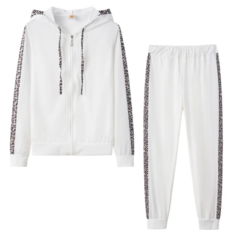 

Two Piece Set Leopard Print Long Sleeve Pocket with Fleecy Print Zip-up Hoodie Spring and Autumn Trousers Tracksuit Women Set