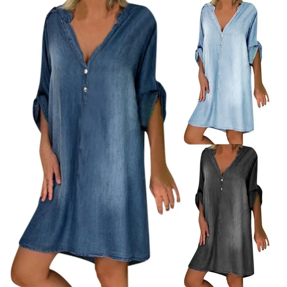 

Fashion Spring New Denim Dress V Neck Half Sleeve Loose Turn-down collar Long Sleeve Cotton Blue Dress