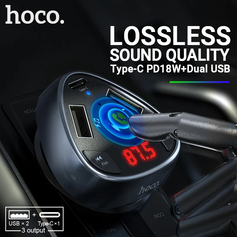 

Hoco in Car Charger BT FM Radio Transmitter Wireless Handsfree Audio Receiver Dual USB Type C 18W Fast Charging TF USB playback