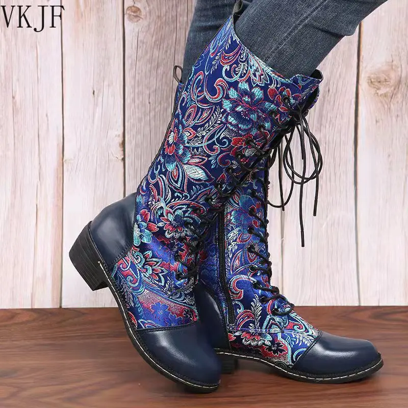 

2021 New Ethnic Style Totem Women's Fashion Boots Square Heel Print Plus Size Martin Boots Mid-tube Knight Boots
